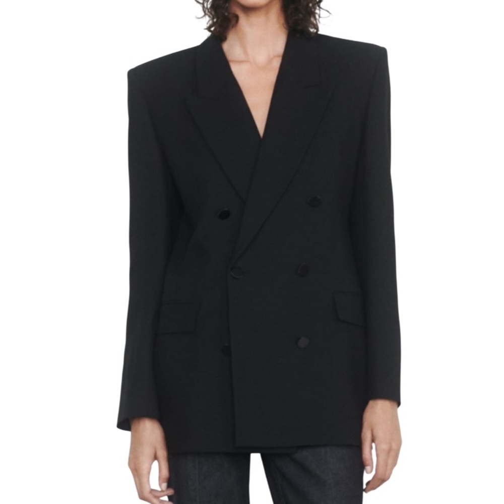 NWT Minimalist Zara Straight Cut Double Breasted Wool Blend Black Blazer